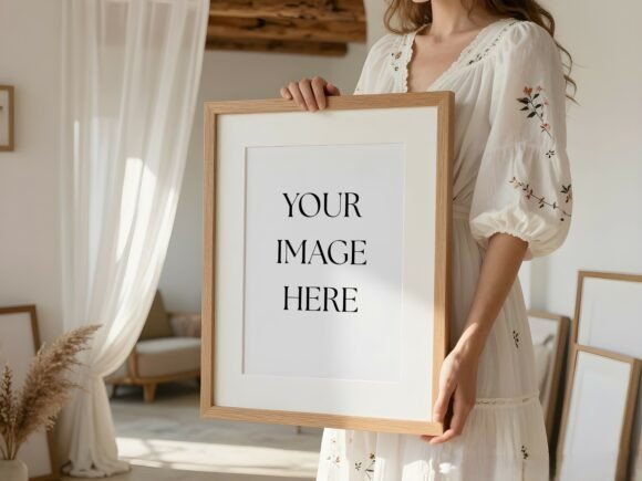 Download Woman Holding Wood Frame Mockup - Mockup Collection